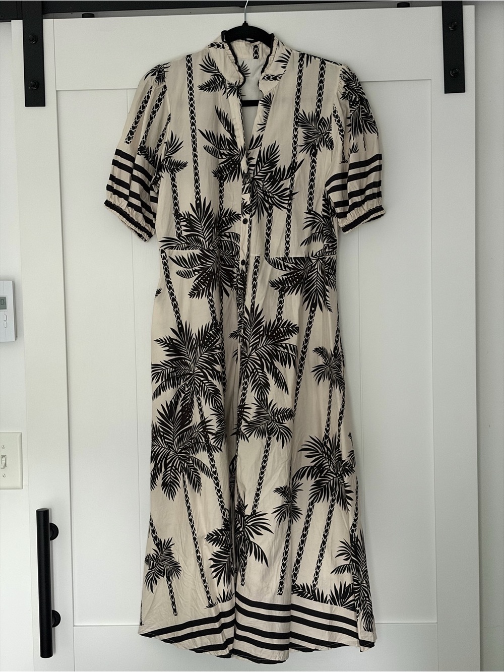 Black and Cream Button-Front Midi Dress